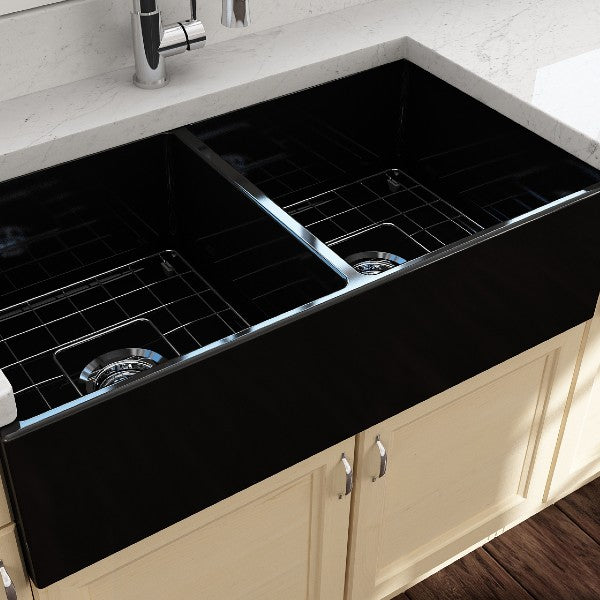 BOCCHI Contempo 36D Black Fireclay Double Farmhouse Sink With Free Grid