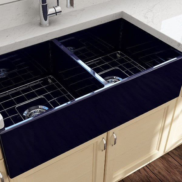 BOCCHI Contempo 36D Blue Fireclay Double Farmhouse Sink With Free Grid