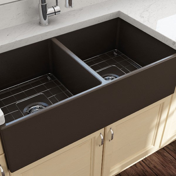 BOCCHI Contempo 36D Brown Fireclay Double Farmhouse Sink With Free Grid