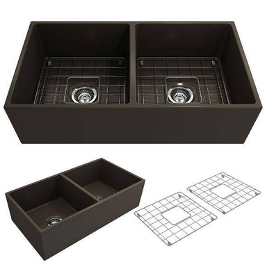 Bocchi Contempo 36D Brown Fireclay Double Farmhouse Sink With Free Grid - Annie & Oak
