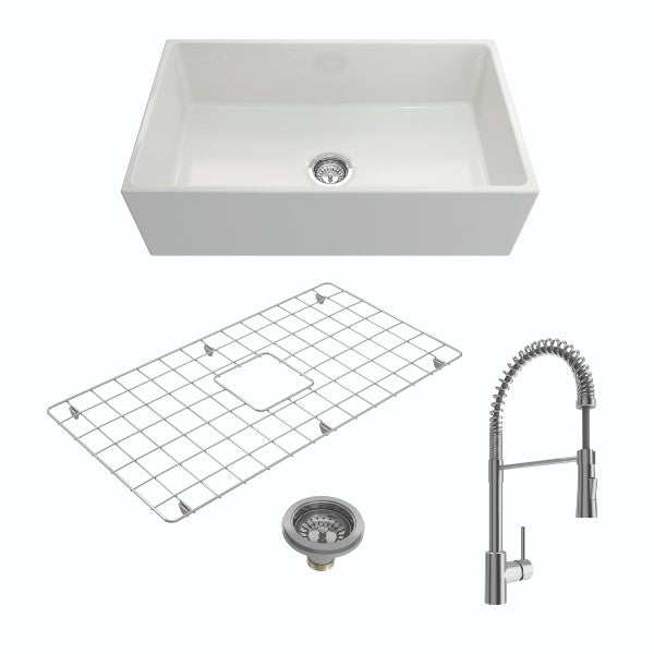 BOCCHI Contempo 33 White Fireclay Single Bowl Farmhouse Sink w/ Grid & Chrome Faucet