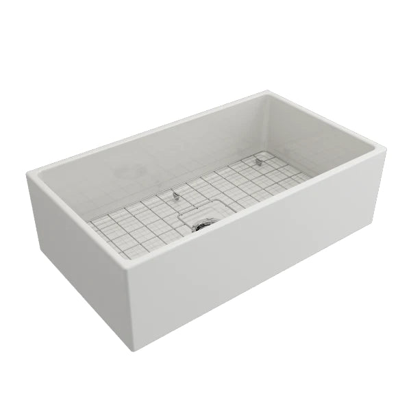 BOCCHI Contempo 33 White Fireclay Single Bowl Farmhouse Sink w/ Grid & Stainless Steel Faucet