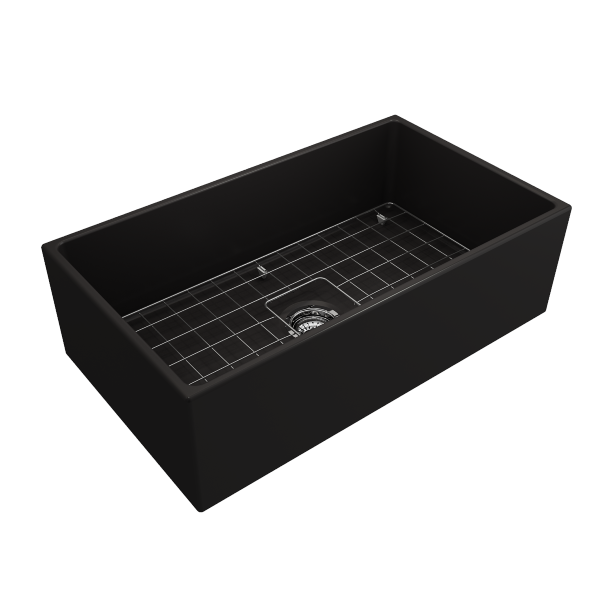 BOCCHI Contempo 33 Matte Black Fireclay Single Bowl Farmhouse Sink w/ Grid & Black Faucet