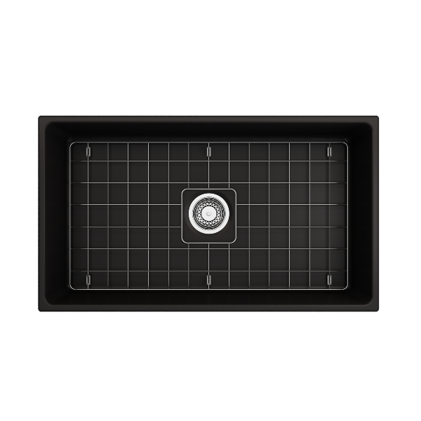 BOCCHI Contempo 33 Matte Black Fireclay Single Bowl Farmhouse Sink w/ Grid & Black Faucet