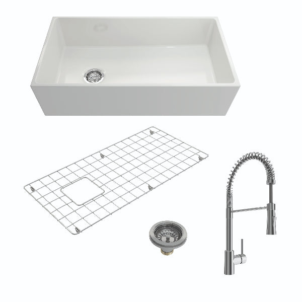 BOCCHI Contempo 36" White Single Bowl Fireclay Farmhouse Sink with Chrome Faucet