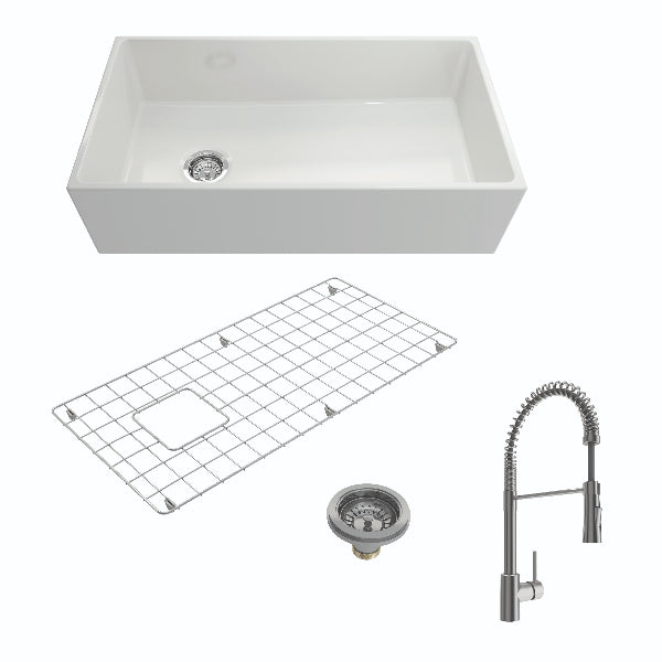 BOCCHI Contempo 36" White Single Bowl Fireclay Farmhouse Sink with Stainless Steel Faucet
