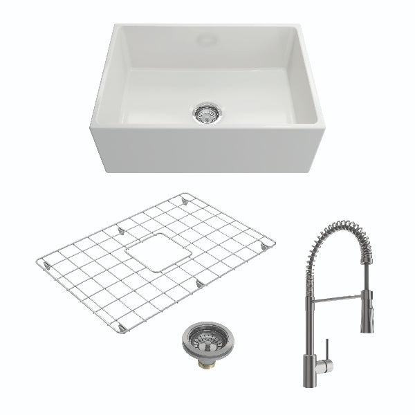 BOCCHI Contempo 27" White Single Bowl Fireclay Farmhouse Sink with Stainless Steel Faucet