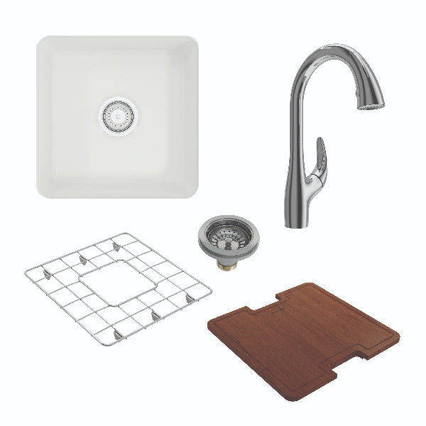 BOCCHI Sotto 18" White Fireclay Undermount Bar Prep or Kitchen Sink w/ Chrome Faucet