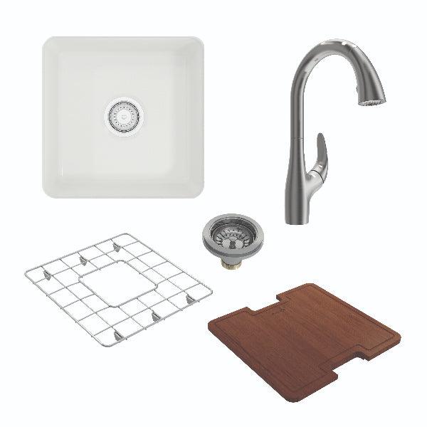 BOCCHI Sotto 18" White Fireclay Undermount Bar Prep or Kitchen Sink w/ Stainless Steel Faucet