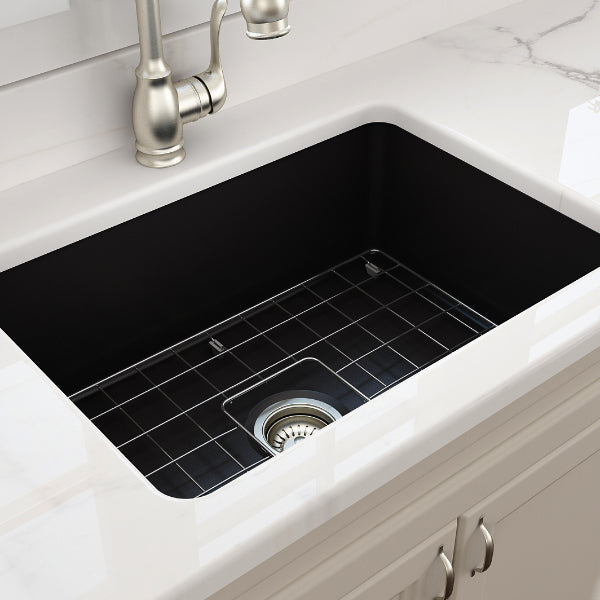 BOCCHI Sotto 27 Matte Black Fireclay Single Undermount Kitchen Sink  w/ Grid