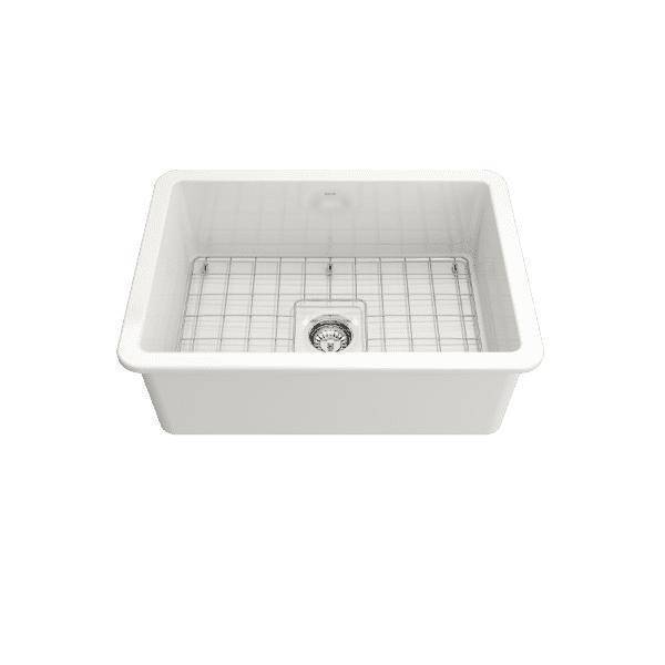 BOCCHI Sotto 27 White Fireclay Single Undermount Kitchen Sink w/ Grid & Workstation Accessories & Chrome Faucet