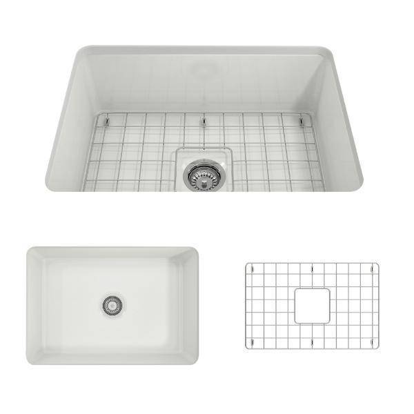 Bocchi Sotto 27 White Fireclay Single Undermount Kitchen Sink  w/ Grid - Annie & Oak