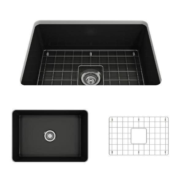 Bocchi Sotto 27 Matte Black Fireclay Single Undermount Kitchen Sink  w/ Grid - Annie & Oak