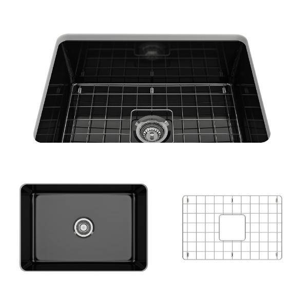 Bocchi Sotto 27 Black Fireclay Single Undermount Kitchen Sink  w/ Grid - Annie & Oak