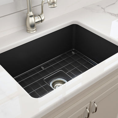 BOCCHI Sotto 27 Dark Gray Fireclay Single Undermount Kitchen Sink  w/ Grid