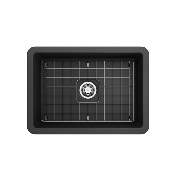 BOCCHI Sotto 27 Dark Gray Fireclay Single Undermount Kitchen Sink  w/ Grid