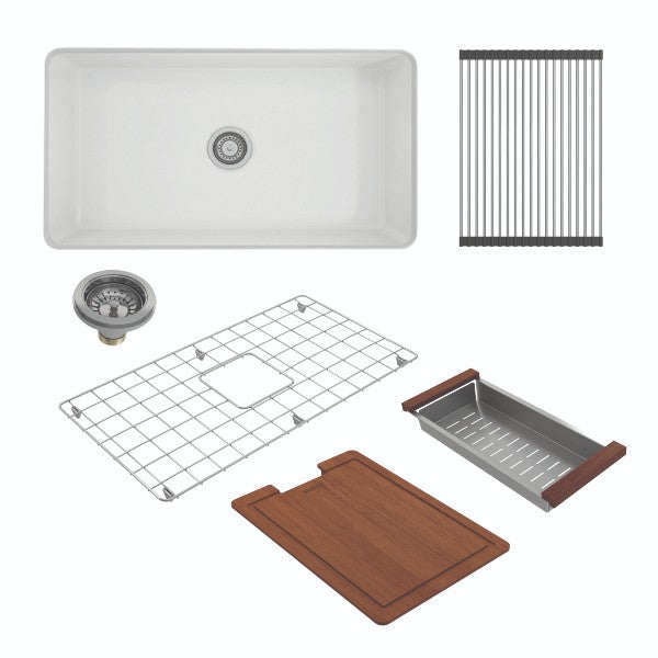 BOCCHI Sotto 32" White Undermount Fireclay Kitchen Sink Free Grid & Workstation Accessories