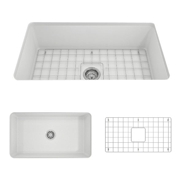 BOCCHI Sotto 32 Matte White Fireclay Single Bowl Undermount Kitchen Sink w/Grid