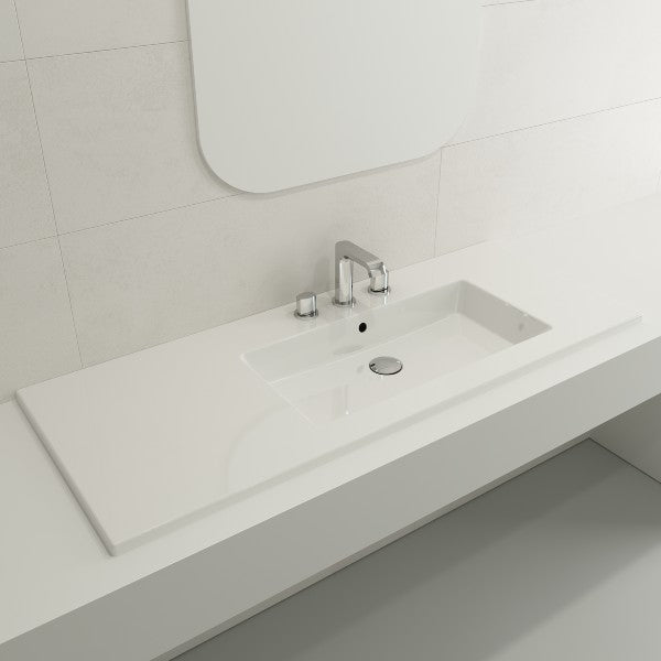 BOCCHI Ravenna 47" White 3-Hole Fireclay Wall-Mounted Bathroom Sink Asymmetrical Basin with Overflow