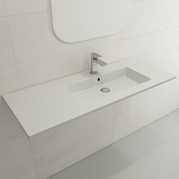 BOCCHI Ravenna 47" Matte White 1-Hole Fireclay Wall-Mounted Bathroom Sink Asymmetrical Basin with Overflow