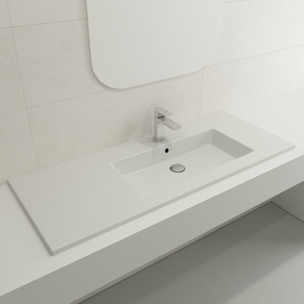 BOCCHI Ravenna 47" Matte White 1-Hole Fireclay Wall-Mounted Bathroom Sink Asymmetrical Basin with Overflow
