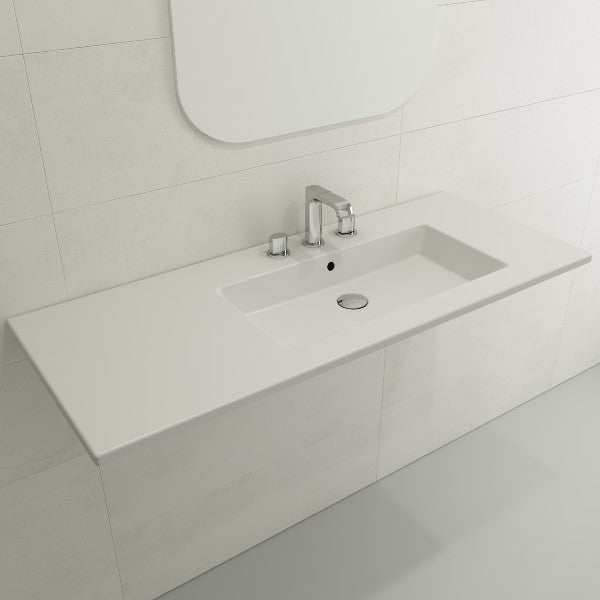 BOCCHI Ravenna 47" Matte White 3-Hole Fireclay Wall-Mounted Bathroom Sink Asymmetrical Basin with Overflow