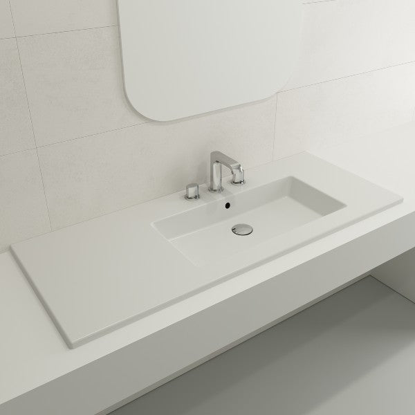 BOCCHI Ravenna 47" Matte White 3-Hole Fireclay Wall-Mounted Bathroom Sink Asymmetrical Basin with Overflow