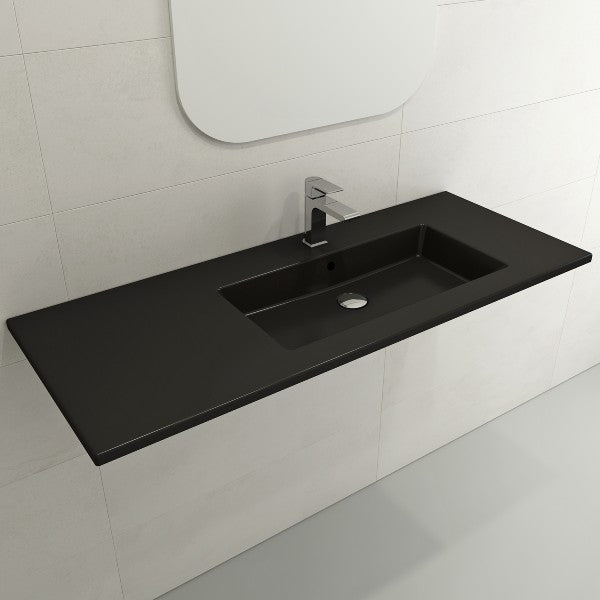 BOCCHI Ravenna 47" Matte Black 1-Hole Fireclay Wall-Mounted Bathroom Sink Asymmetrical Basin with Overflow