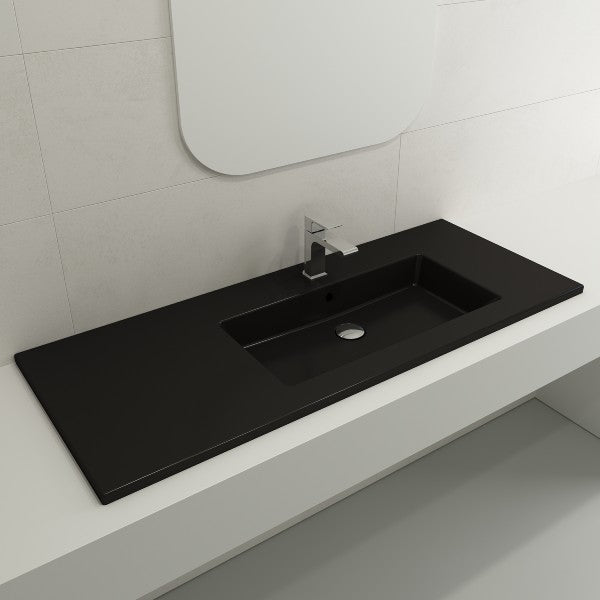 BOCCHI Ravenna 47" Matte Black 1-Hole Fireclay Wall-Mounted Bathroom Sink Asymmetrical Basin with Overflow