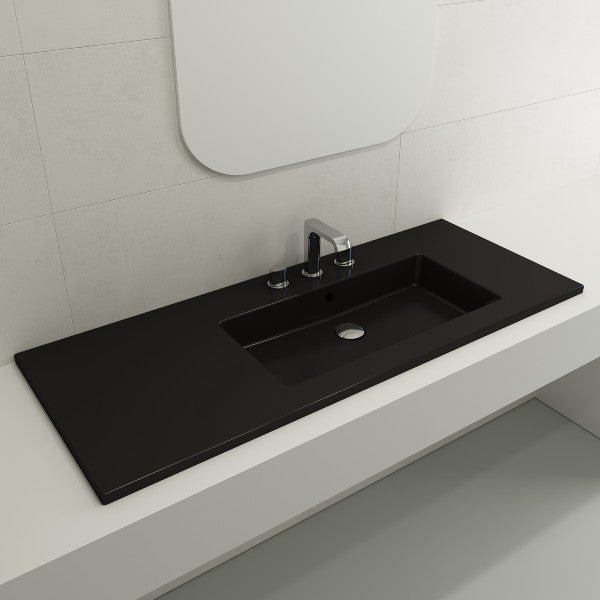 BOCCHI Ravenna 47" Matte Black 3-Hole Fireclay Wall-Mounted Bathroom Sink Asymmetrical Basin with Overflow