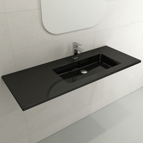 BOCCHI Ravenna 47" Black 1-Hole Fireclay Wall-Mounted Bathroom Sink Asymmetrical Basin with Overflow