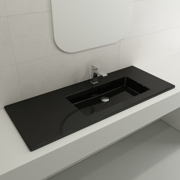 BOCCHI Ravenna 47" Black 1-Hole Fireclay Wall-Mounted Bathroom Sink Asymmetrical Basin with Overflow