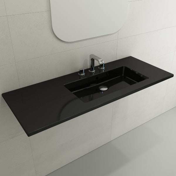 BOCCHI Ravenna 47" Black 3-Hole Fireclay Wall-Mounted Bathroom Sink Asymmetrical Basin with Overflow