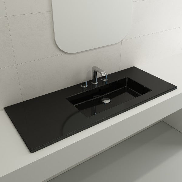 BOCCHI Ravenna 47" Black 3-Hole Fireclay Wall-Mounted Bathroom Sink Asymmetrical Basin with Overflow