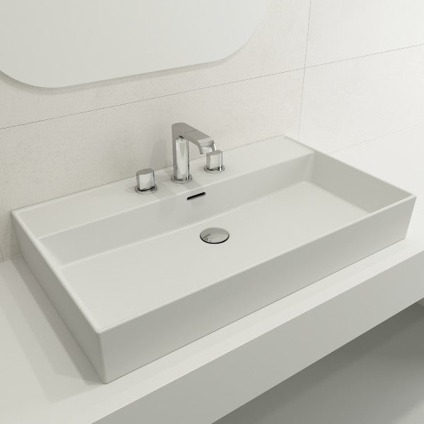 BOCCHI Milano 32" Matte White 3-Hole Fireclay Wall-Mounted Bathroom Sink with Overflow