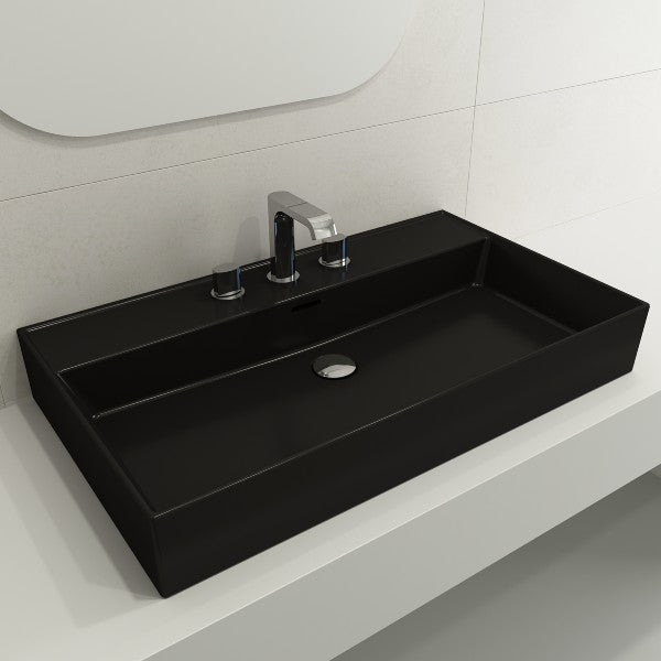 BOCCHI Milano 32" Matte Black 3-Hole Fireclay Wall-Mounted Bathroom Sink with Overflow