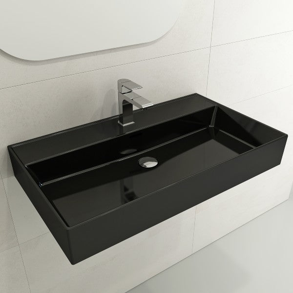 BOCCHI Milano 32" Black 1-Hole Fireclay Wall-Mounted Bathroom Sink with Overflow