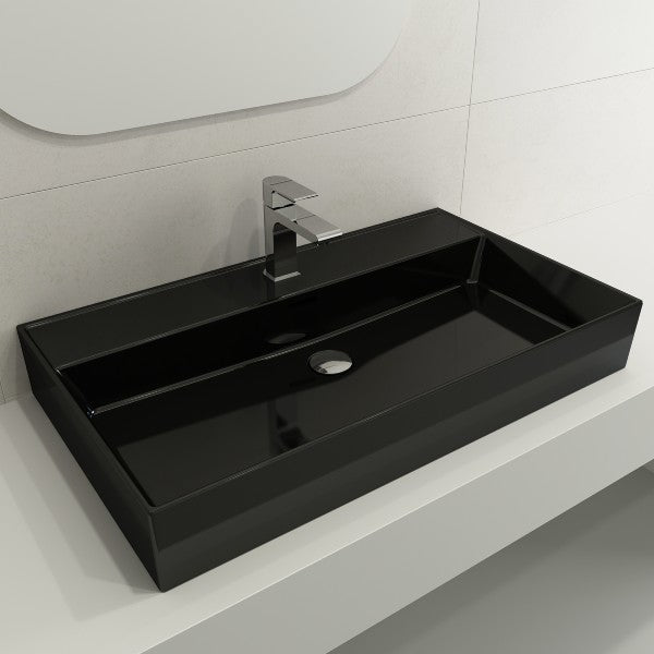 BOCCHI Milano 32" Black 1-Hole Fireclay Wall-Mounted Bathroom Sink with Overflow