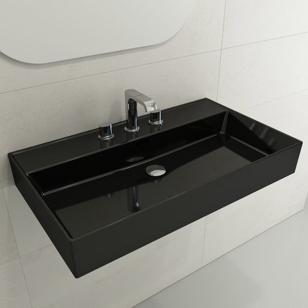 BOCCHI Milano 32" Black 3-Hole Fireclay Wall-Mounted Bathroom Sink with Overflow
