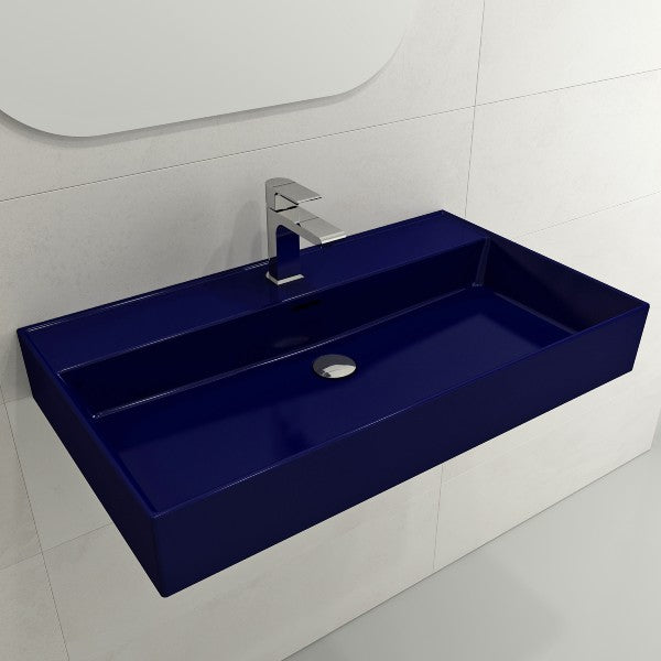 BOCCHI Milano 32" Sapphire Blue 1-Hole Fireclay Wall-Mounted Bathroom Sink with Overflow