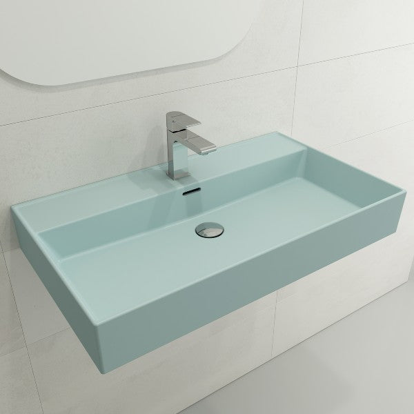 BOCCHI Milano 32" Matte Ice Blue 1-Hole Fireclay Wall-Mounted Bathroom Sink with Overflow