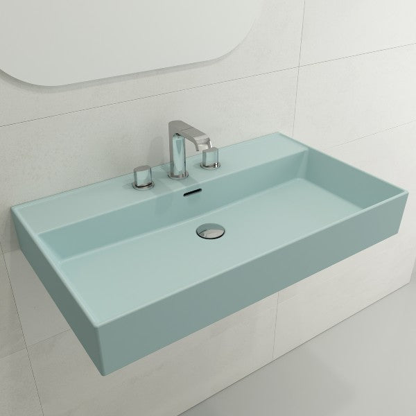 BOCCHI Milano 32" Matte Ice Blue 3-Hole Fireclay Wall-Mounted Bathroom Sink with Overflow