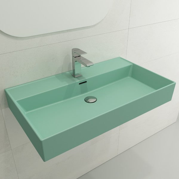 BOCCHI Milano 32" Matte Mint Green 1-Hole Fireclay Wall-Mounted Bathroom Sink with Overflow