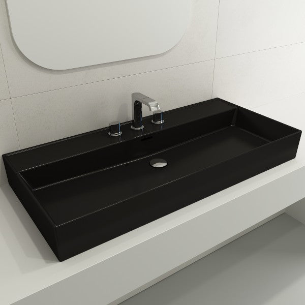 BOCCHI Milano 39" Matte Black 3-Hole Fireclay  Wall-Mounted Bathroom Sink with Overflow