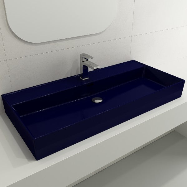 BOCCHI Milano 39" Sapphire Blue1-Hole Fireclay Wall-Mounted Bathroom Sink with Overflow