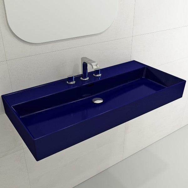 BOCCHI Milano 39" Sapphire Blue 3-Hole Fireclay  Wall-Mounted Bathroom Sink with Overflow