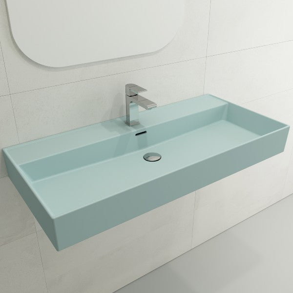 BOCCHI Milano 39" Matte Ice Blue 1-Hole Fireclay Wall-Mounted Bathroom Sink with Overflow