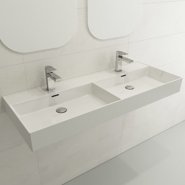 BOCCHI Milano 47" White Double Bowl Fireclay Wall-Mounted Bathroom Sink with Overflows
