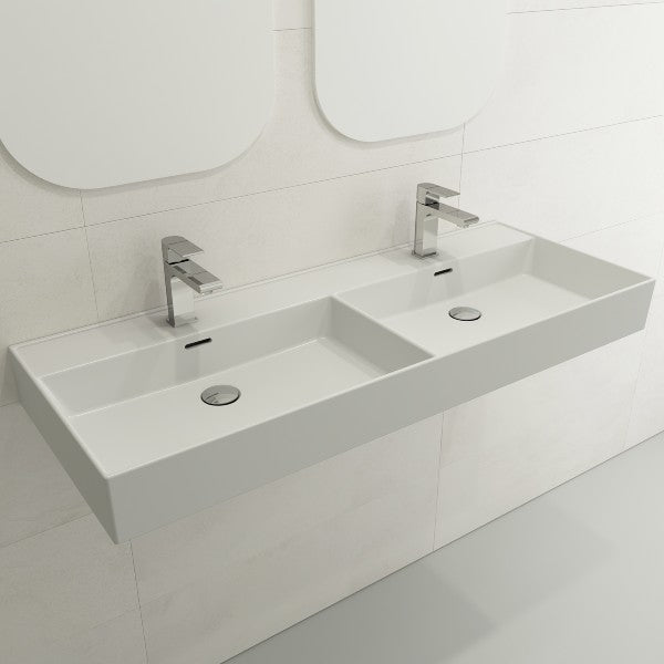 BOCCHI Milano 47" Matte White Double Bowl Fireclay Wall-Mounted Bathroom Sink with Overflows