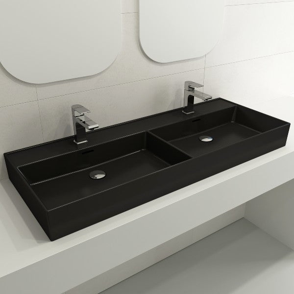 BOCCHI Milano 47" Matte Black Double Bowl Fireclay Wall-Mounted Bathroom Sink with Overflows